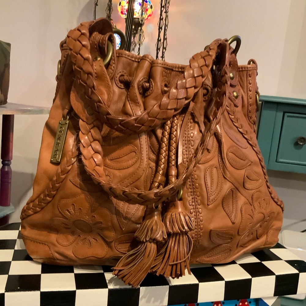 Rare LOCKHEART Braidy Bunch Bag Floral Embroidered Leather Camel Boho Vintage